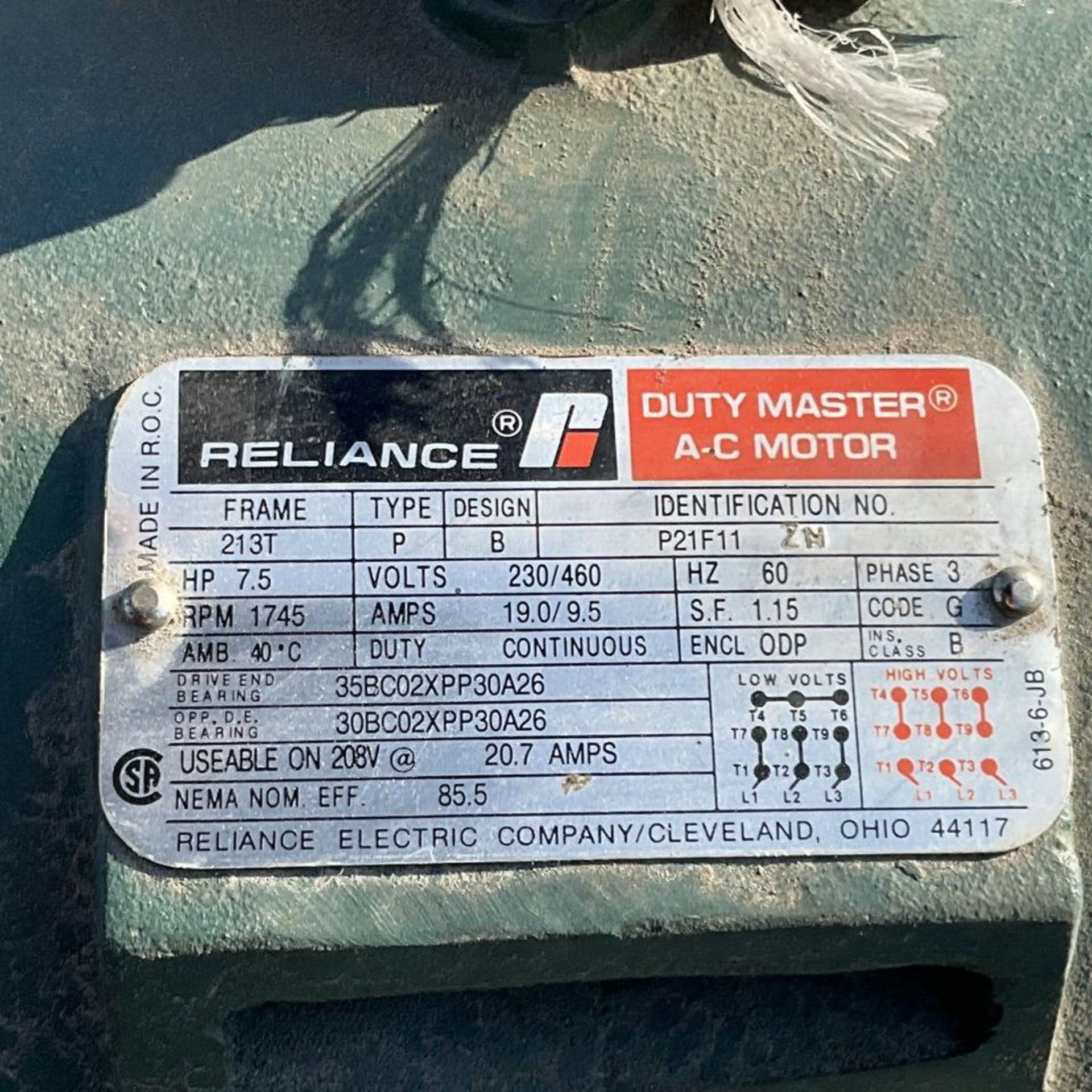 RELIANCE P21F11 DUTY MASTER AC MOTOR 7.5 HP 230/460V 19/9.5 A 1745 RPM 60HZ 3 PH - Image 6 of 9
