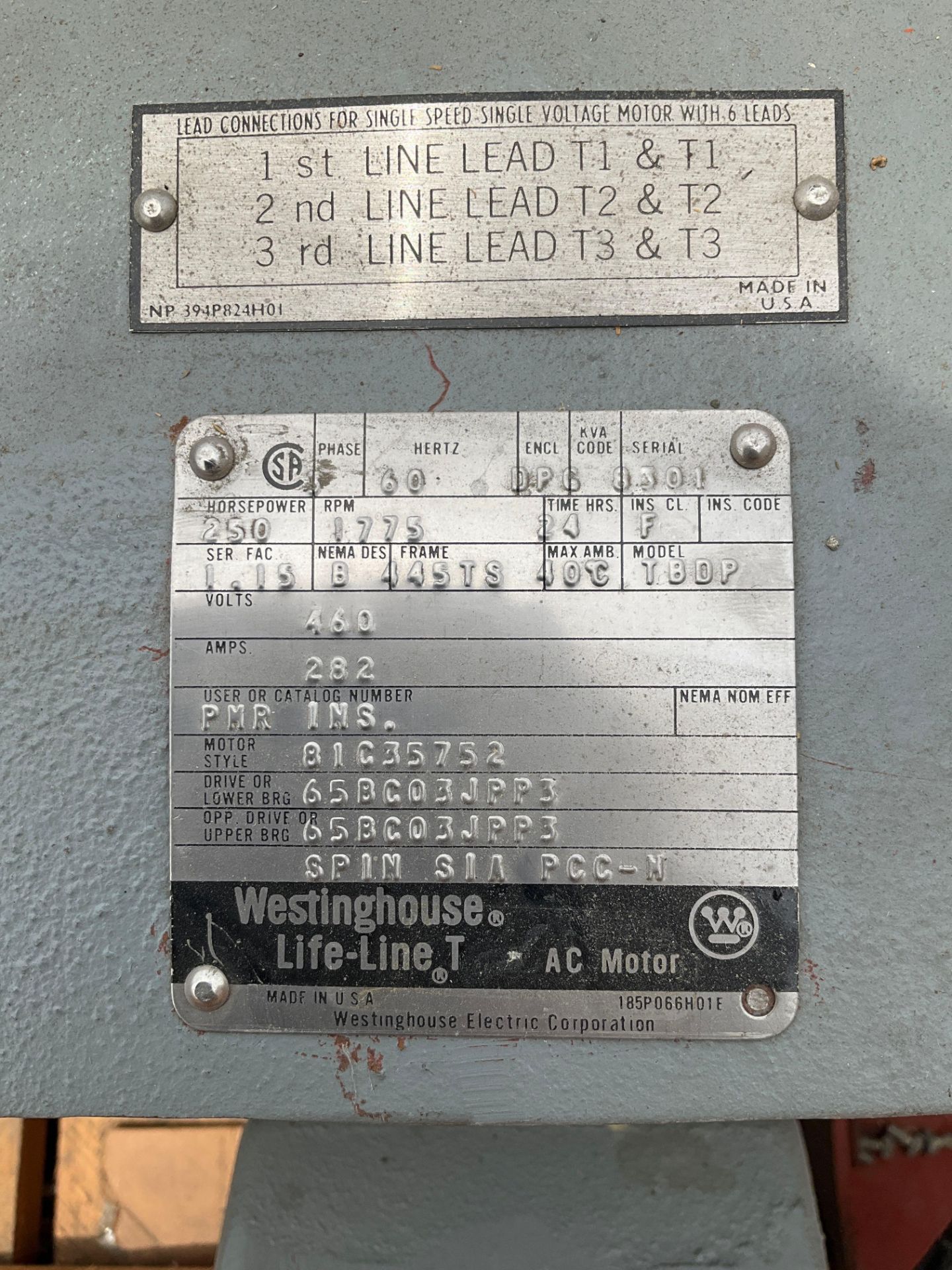 WESTINGHOUSE LIFE-LINE T AC MOTOR MODEL...TBDP, MOTOR STYLE 81C35752, 60 HZ, 250 HP, 1775 RPM, 46... - Image 6 of 7