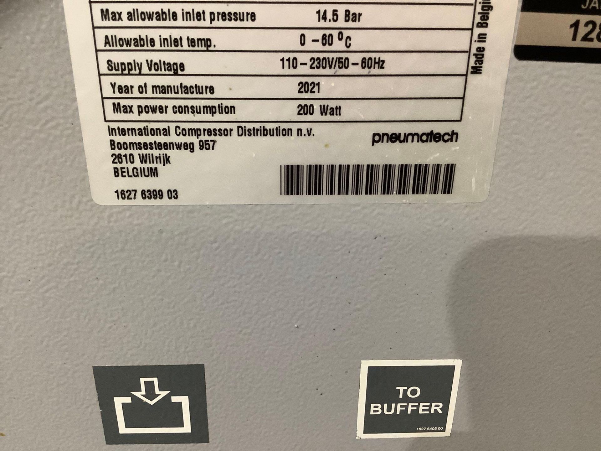 2021 PPNG PNEUMATECH NITROGEN GENERATOR TYPE PPNG15 HE 0/0, APPROX MAX ALLOWABLE INLET PRESSURE 1... - Image 9 of 20