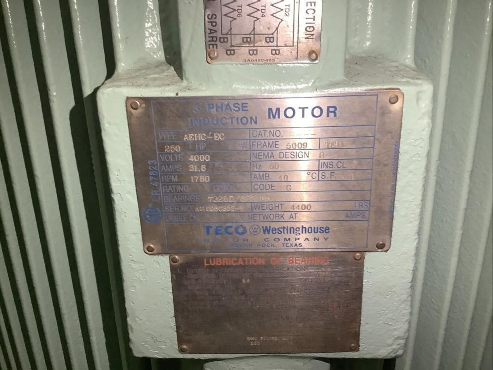 TECO WESTINGHOUSE AEHC-EC INDUCTION MOTOR 3 PHASE 250HP 1780RPM 4000V 5009 - Image 6 of 6