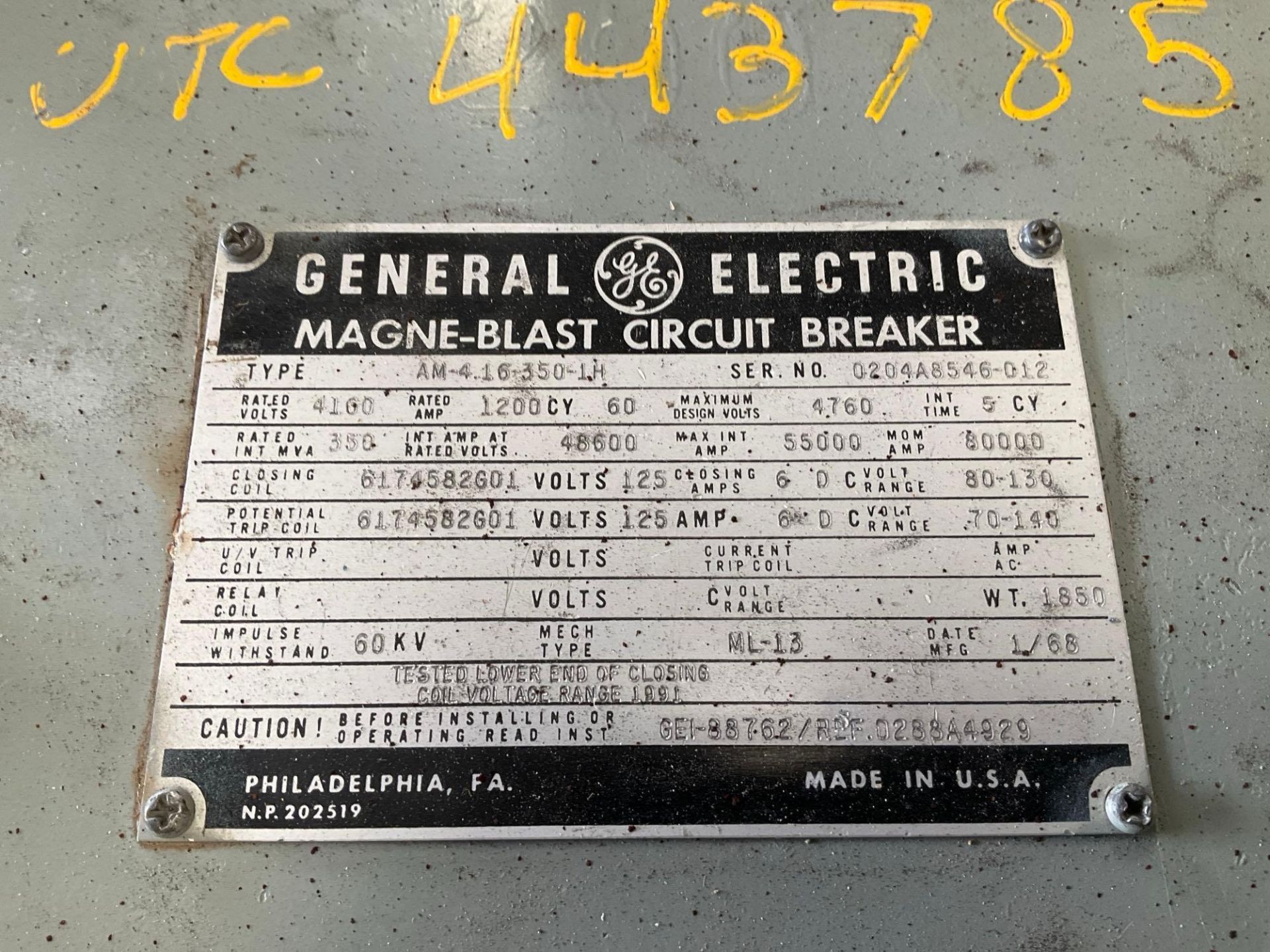 GE - GENERAL ELECTRIC MAGNE-BLAST CIRCUIT BREAKER, TYPE AM-4.16-350-2H, 60HZ, 1200 AMP - Image 10 of 11