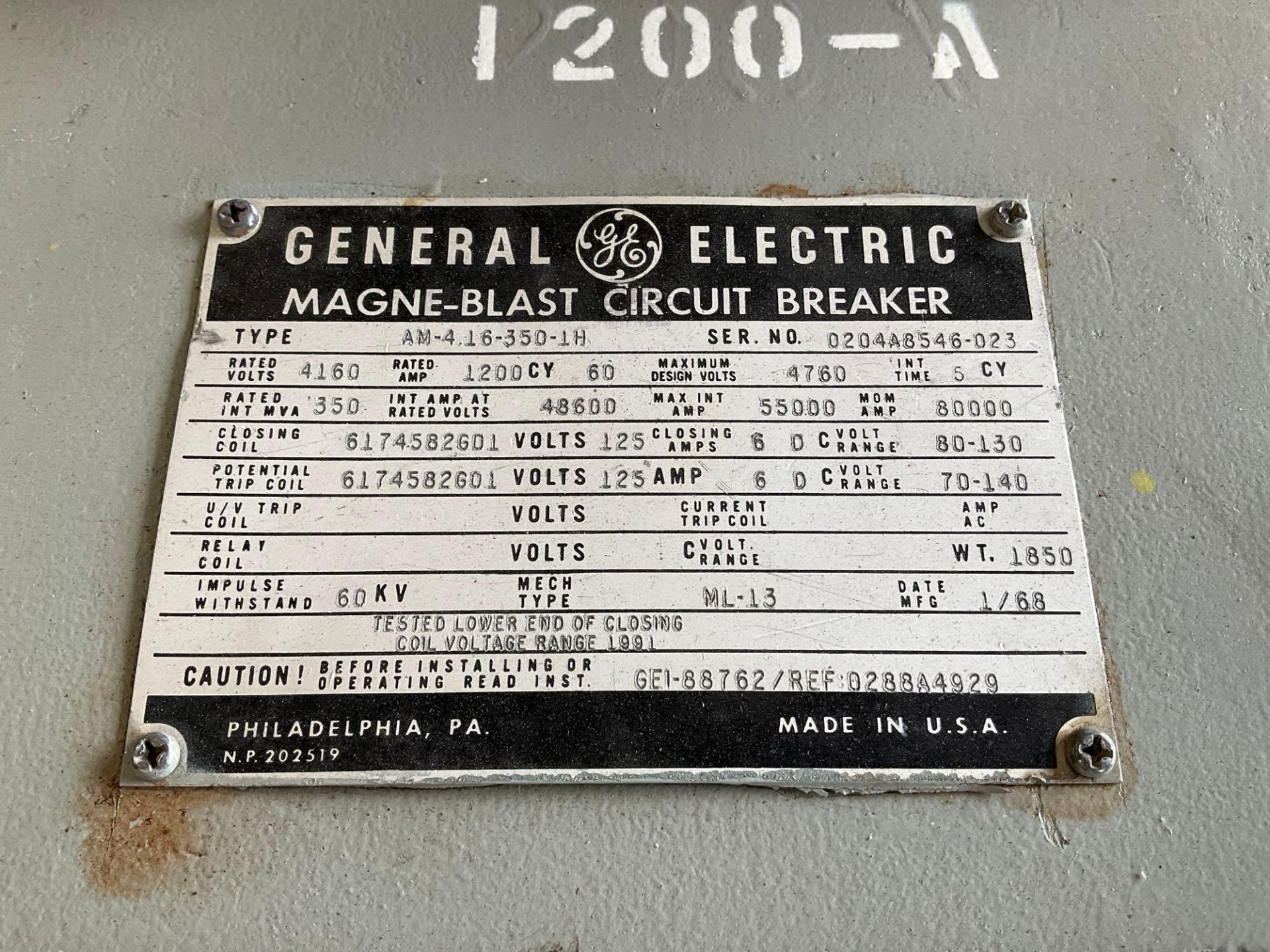 GE - GENERAL ELECTRIC MAGNE-BLAST CIRCUIT BREAKER, TYPE AM-4.16-350-2H, 60HZ, 1200 AMP - Image 9 of 10