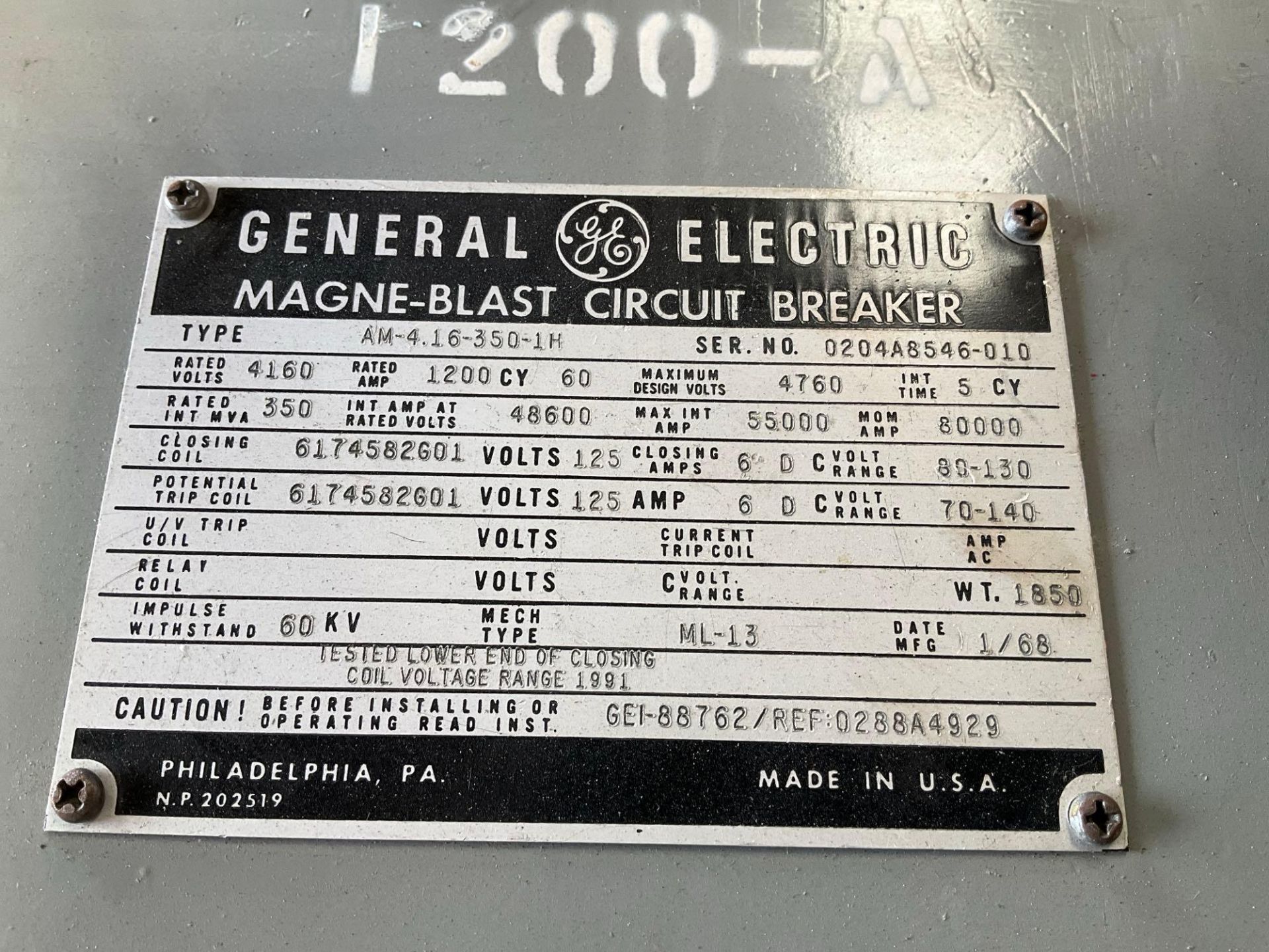 GE - GENERAL ELECTRIC MAGNE-BLAST CIRCUIT BREAKER, TYPE AM-4.16-350-2H, 60HZ, 1200 AMP - Image 10 of 13