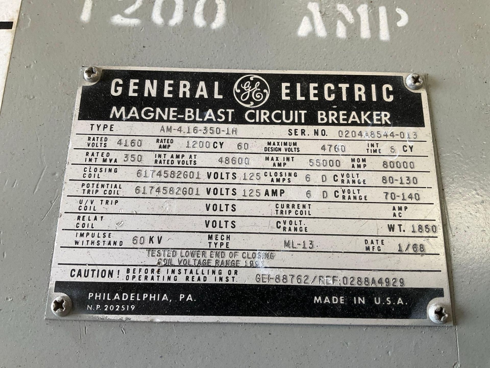 GE - GENERAL ELECTRIC MAGNE-BLAST CIRCUIT BREAKER, TYPE AM-4.16-350-2H, 60HZ, 1200 AMP - Image 10 of 11