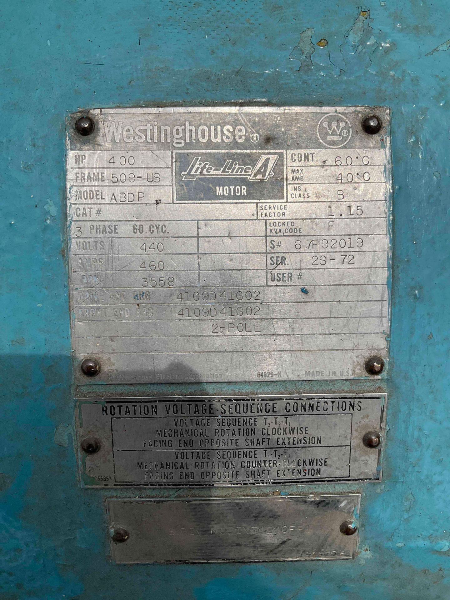 WESTINGHOUSE LIFE-LINE A MOTOR MODEL ABDP, 3 PH, 60 CYC, 440 V, 460 A, 3558 RPM, 400 - Image 8 of 9