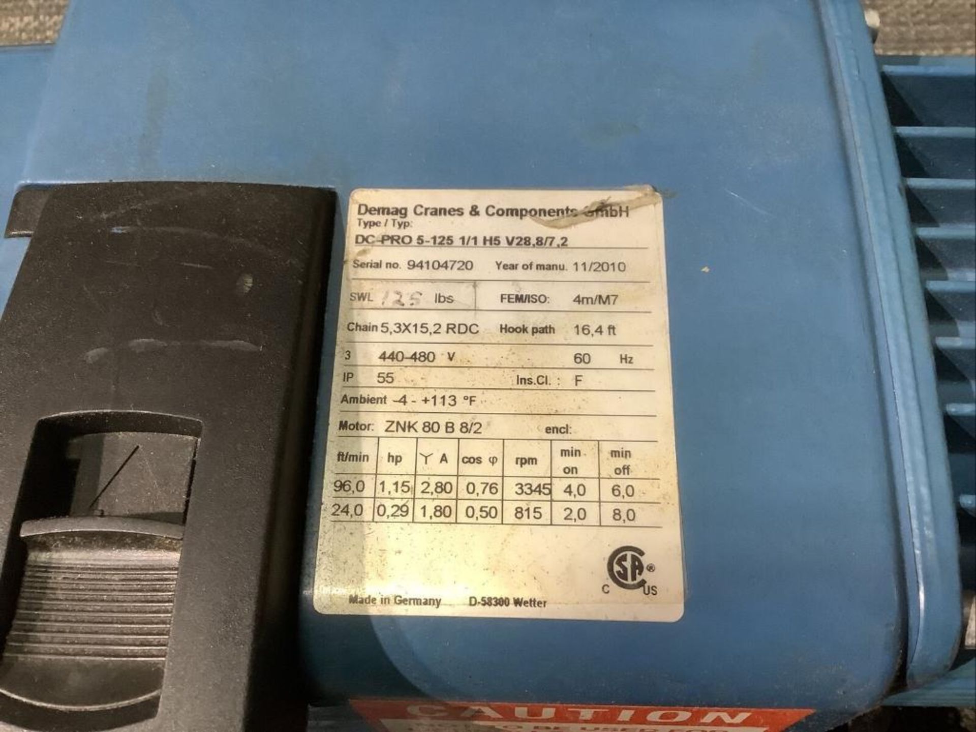 DEMAG 93183746 DC-PRO 5-125 1/1 H5 V28,8/7,2 440-480/60 CRANE HOIST - Image 5 of 6