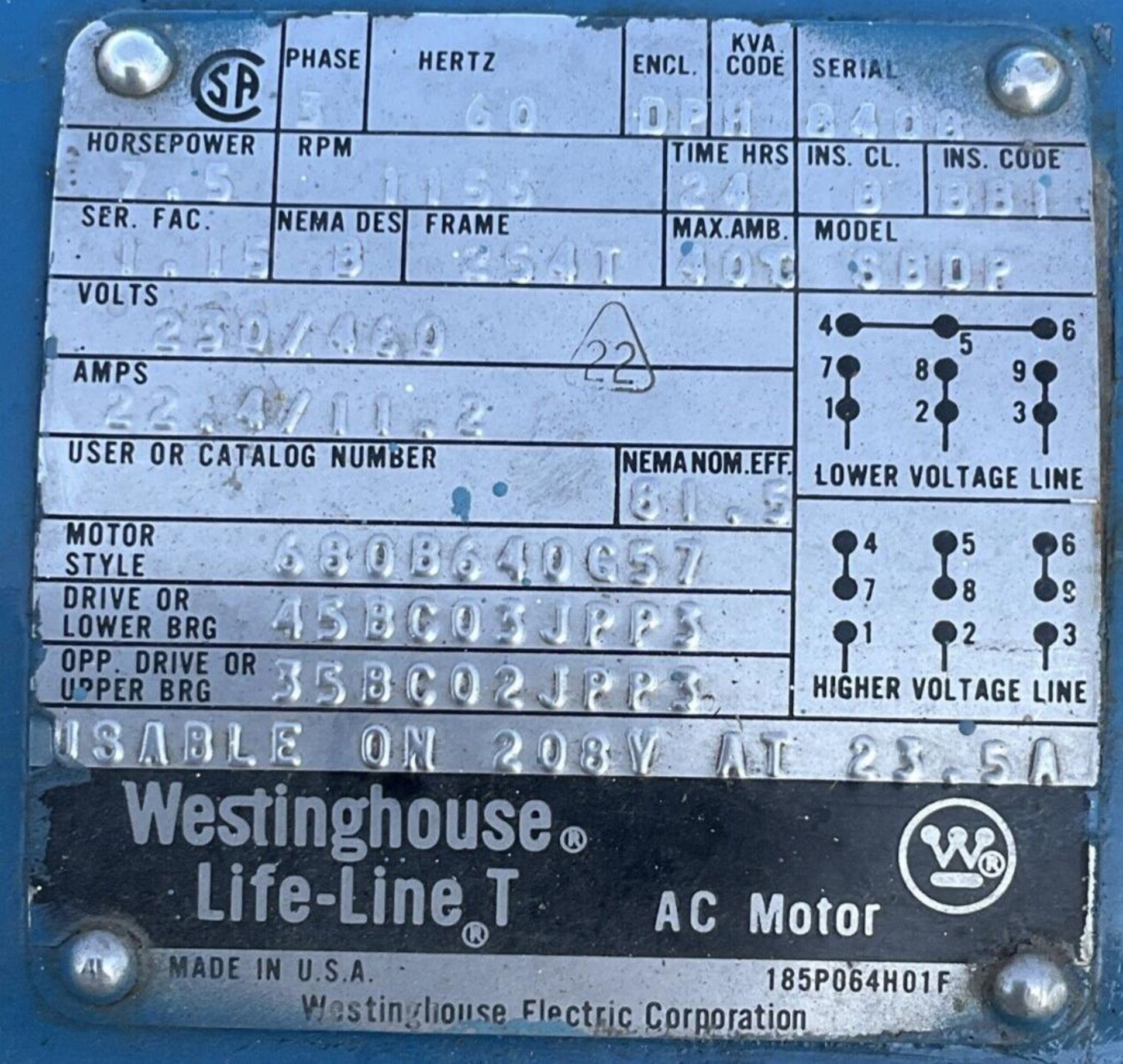 WESTINGHOUSE 880P 680B640G57 LIFE-LINE T AC MOTOR 3 PH 60HZ 7.5HP 460V 1156 RPM - Image 6 of 9