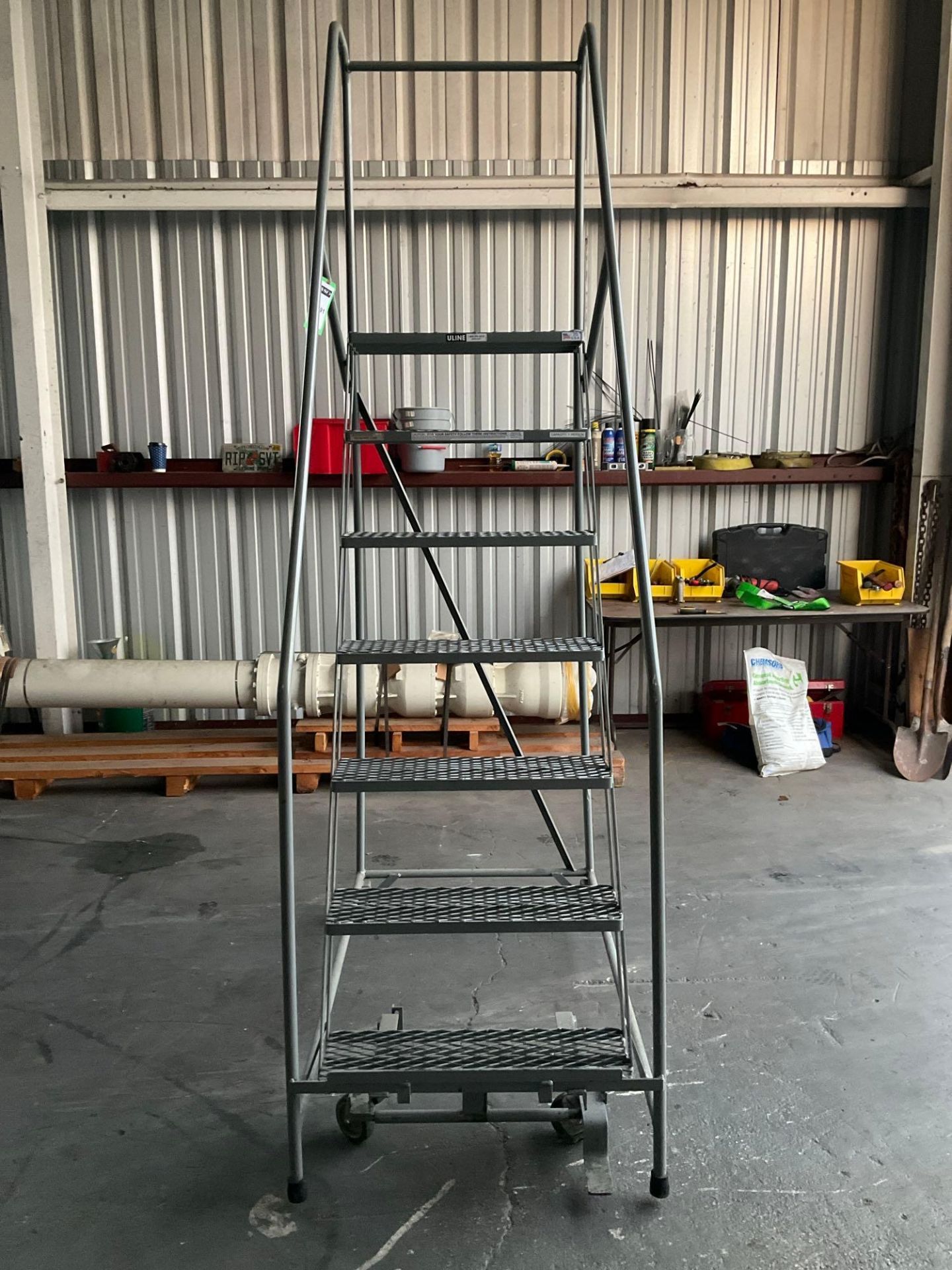 ULINE...SAFETY LADDER WITH WHEELS , APPROX 100? T - Image 2 of 8