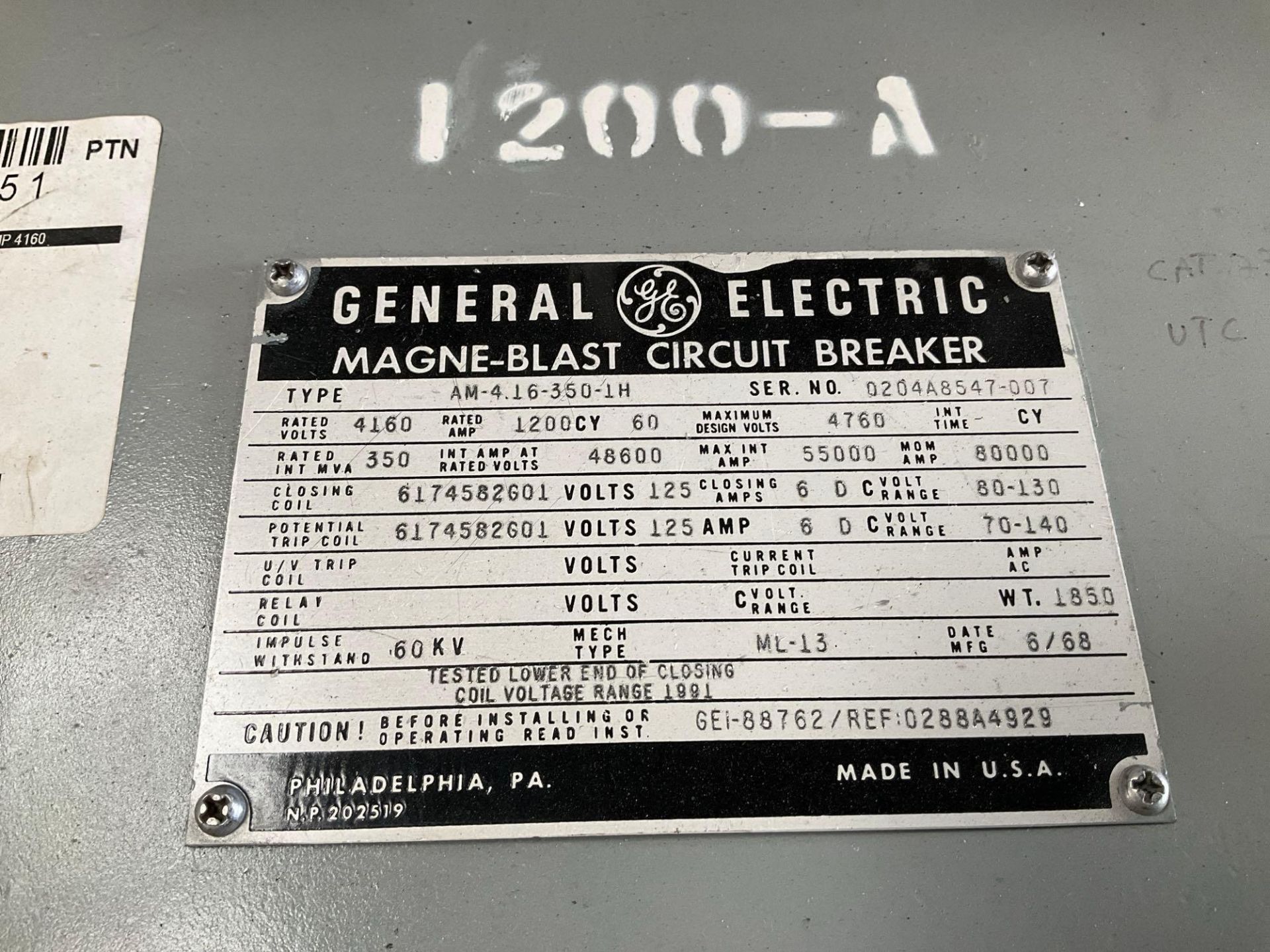 GE - GENERAL ELECTRIC MAGNE-BLAST CIRCUIT BREAKER, TYPE AM-4.16-350-2H, 60HZ, 1200 AMP - Image 9 of 10