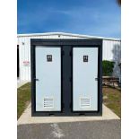 UNUSED 2023 DOUBLE STALL PORTABLE BATHROOM , SINK, TOILET, TOILET PAPER HOLDER, LIGHTS, APPROX 48 W