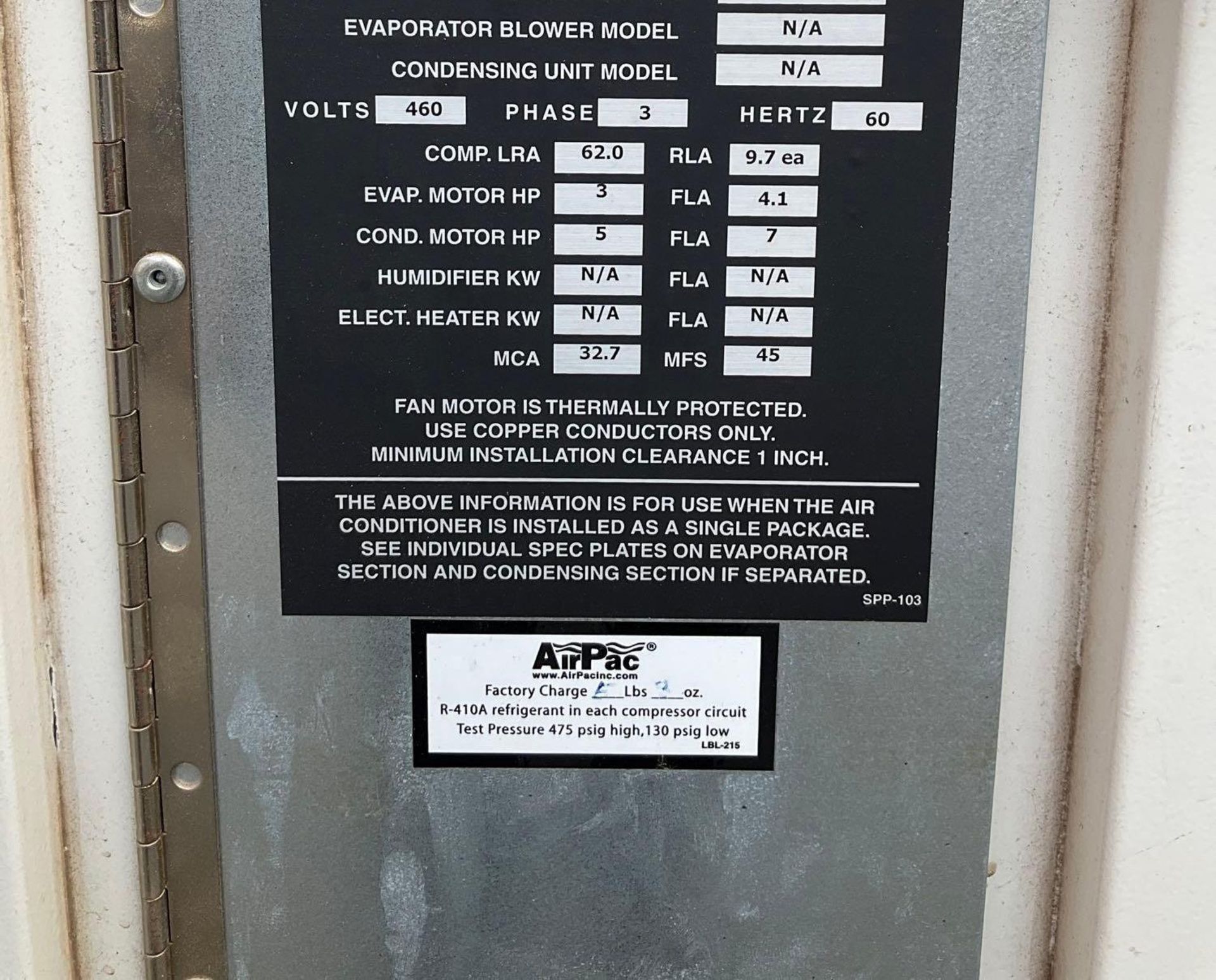 AIR PAC AIR CONDITIONER MODELVU120-A4D-PP , PHASE 3, APPROX 460 VOLTS - Image 10 of 15