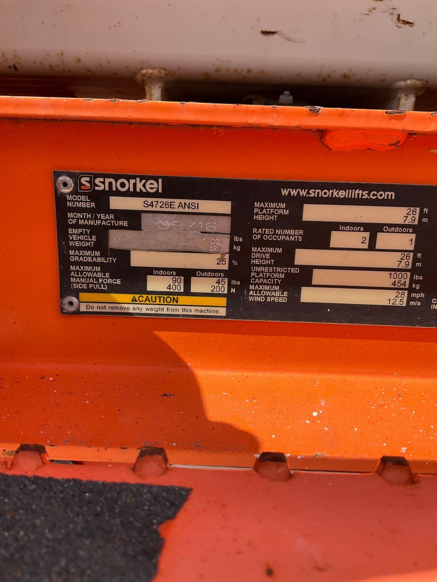 2016 SNORKEL SCISSOR LIFT MODEL S4726E ANSI , ELECTRIC, APPROX MAX PLATFORM HEIGHT 26FT, NON MARK... - Image 11 of 11