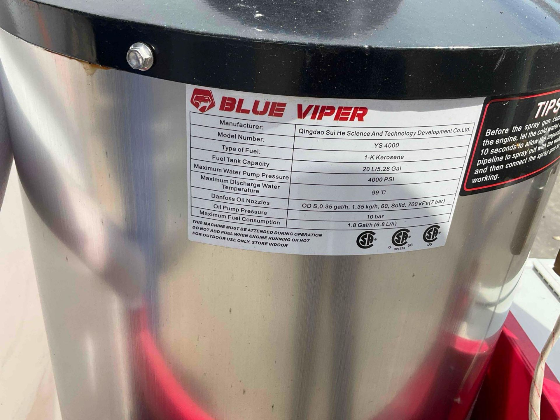 NEW BLUE VIPER HOT PRESSURE WASHER WITH TANK MODEL YS4000; APPROXIMATELY 4000 PSI; APPROXMIATELY89" - Image 11 of 13