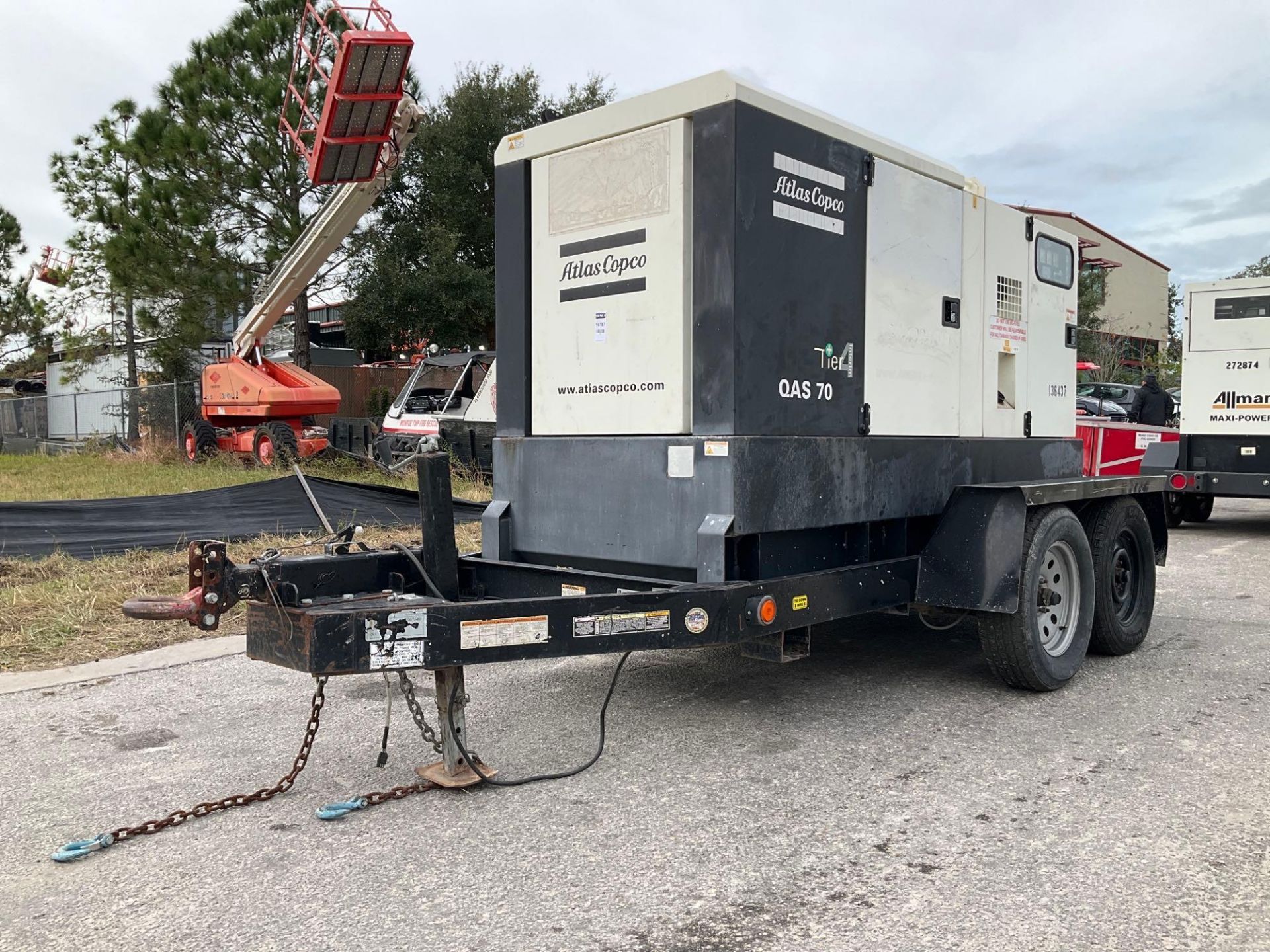 ATLAS COPCO TIER 4 INTERIM GENERATOR MODEL QAS70 , TRAILER MOUNTED, DIESEL, JOHN DEERE ENGINE, PH...