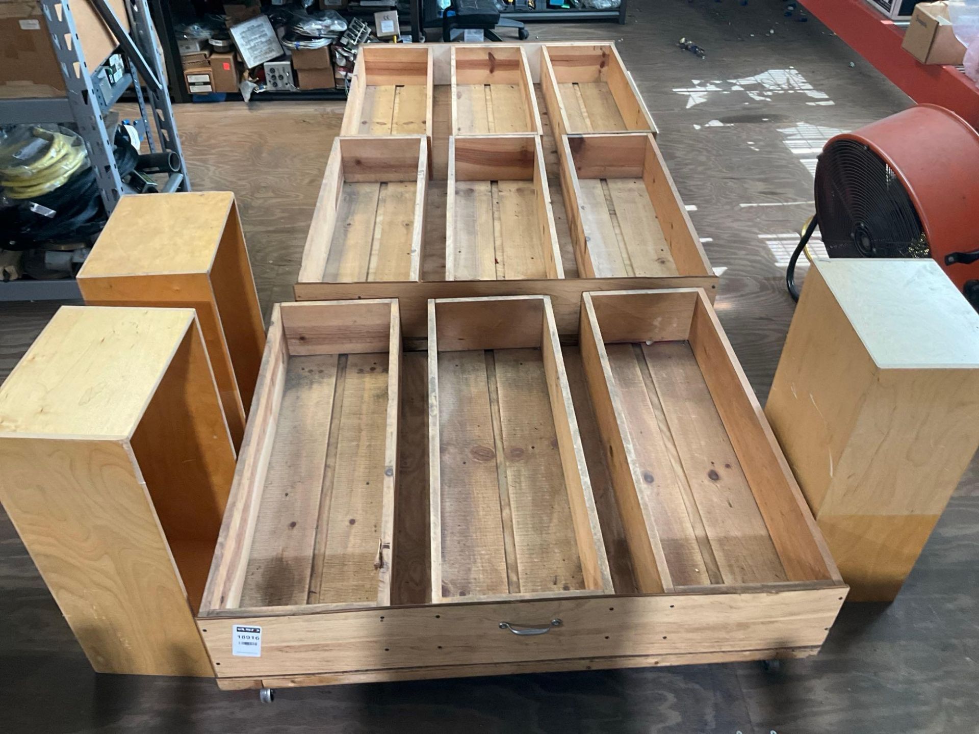 (3) WOODEN ROLLING SHELVES WITH DIVIDERS; APPROXIMATELY 49? L X 40?W X 15?H (3) WOODEN CRATES - Image 8 of 9