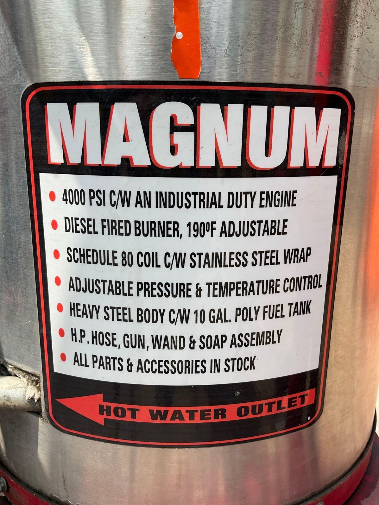 MAGNUM 4000 SERIES GOLD HOT WATER PRESSURE WASHER,DIESEL GAS POWER, ELECTRIC START, APPROX 4000PSI - Image 9 of 10