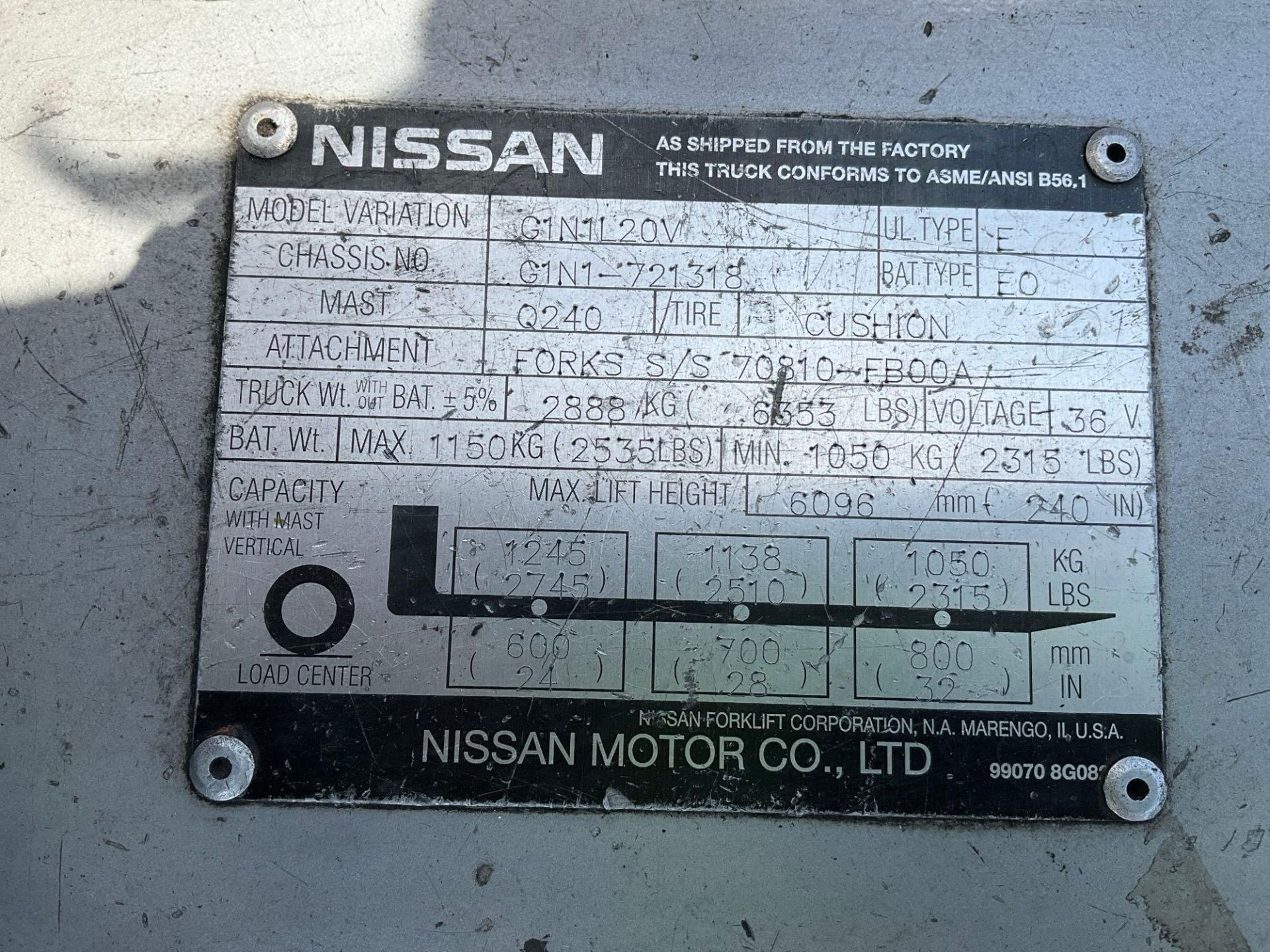 NISSAN 40 FORKLIFT MODEL G1N1L20V, ELECTRIC, APPROX MAX CAPACITY 4,000 LBS, MAX HEIGHT 240in, TILT, - Image 23 of 24