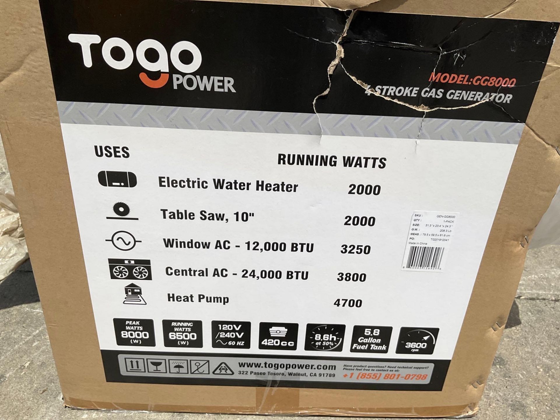 ( 1 ) UNUSED TOGO POWER 4-STROKE GAS GENERATOR...MODEL GG8000, APPROX PEAK 8000W - Image 3 of 4