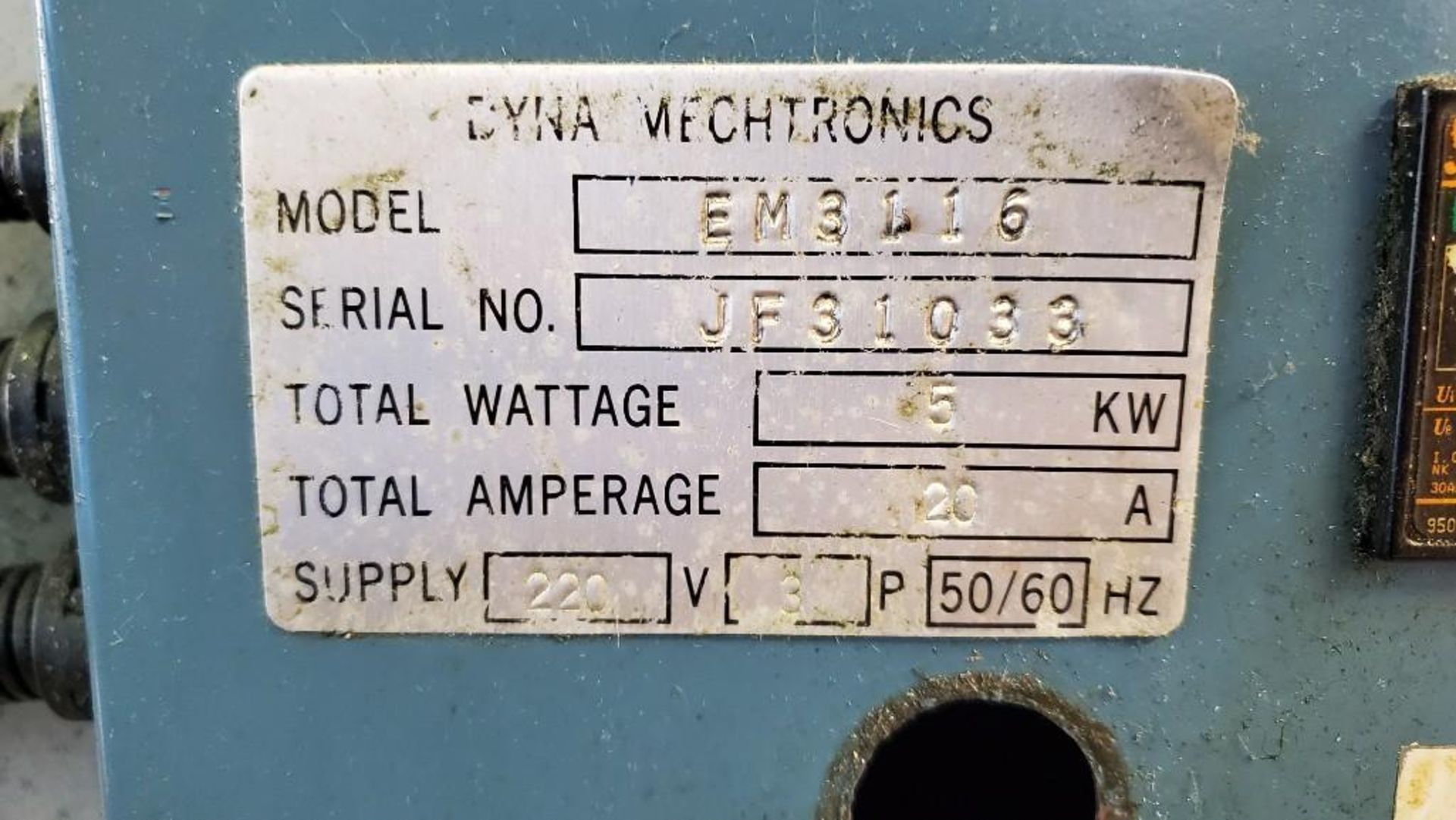 DYNA MECHTRONICS KNEE MILL MODEL EM3116 , APPROX TOTAL WATTAGE 5KW, APPROX SUPPLY 220V... - Image 10 of 37