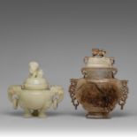 Two Chinese carved jade censers, late Qing, H 18 - L 21 cm / H 22,5 - L 21 cm