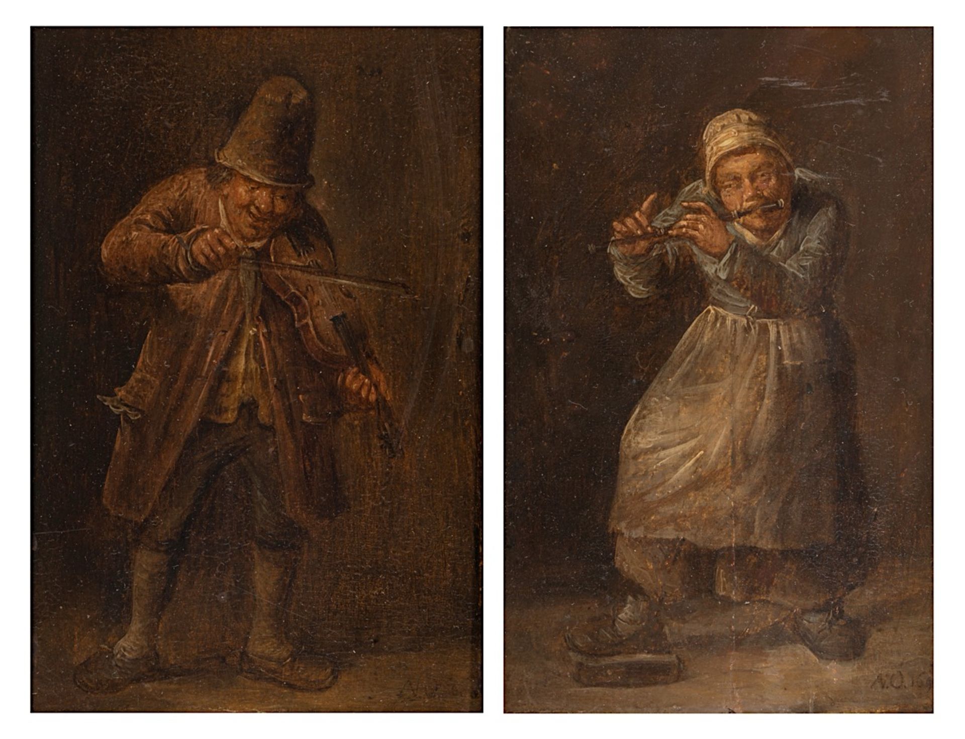 After Adriaan Van Ostade (1610-1685), a pair of pendant paintings of music-making folk figures, 1692