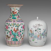 A Chinese famille rose 'Roosters' vase, late 19thC, H 44 cm - and a famille rose melon-shaped ginger