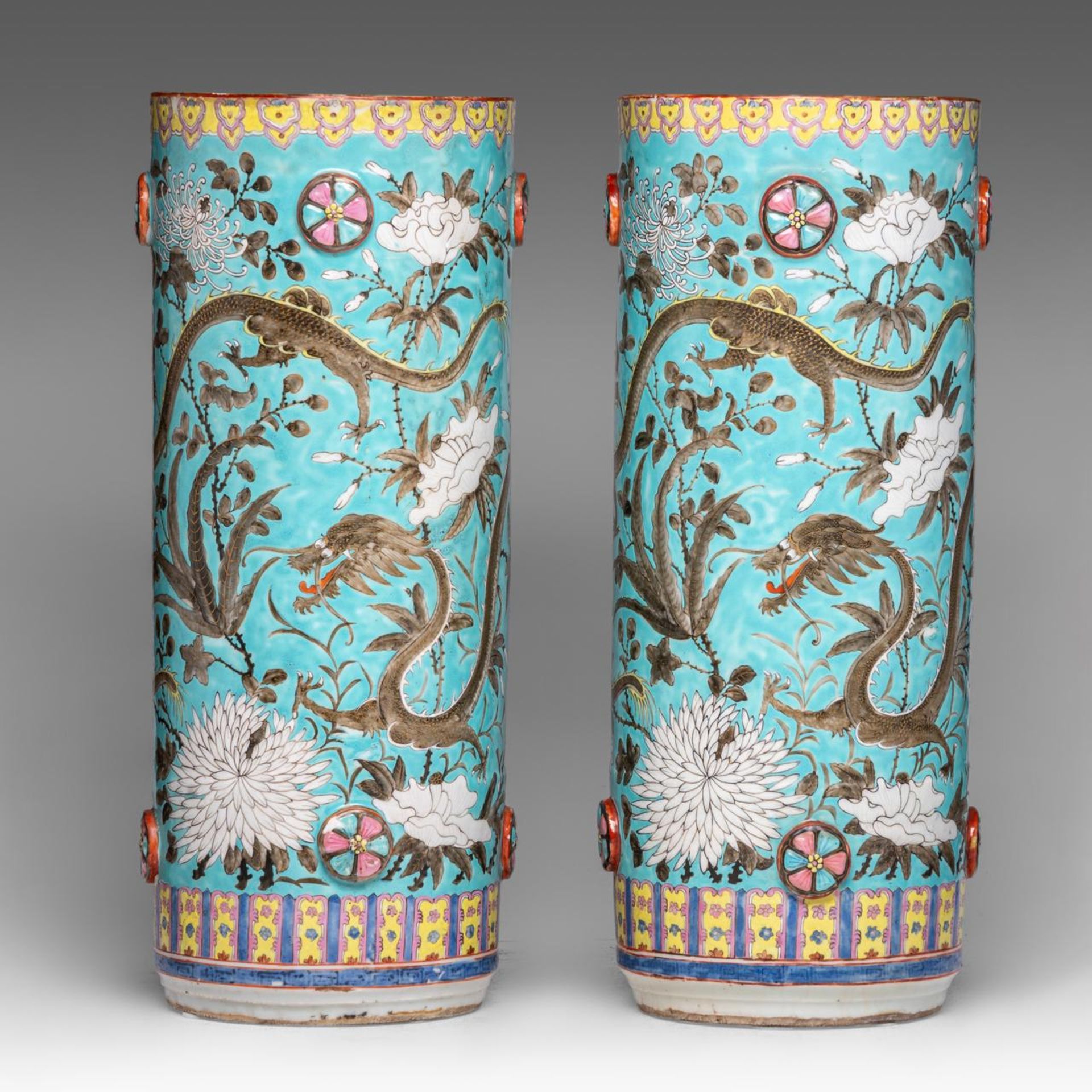 A pair of Chinese Dayazai style turquoise ground 'Dragons amongst Blossoms' umbrella stands, late 19 - Image 2 of 6