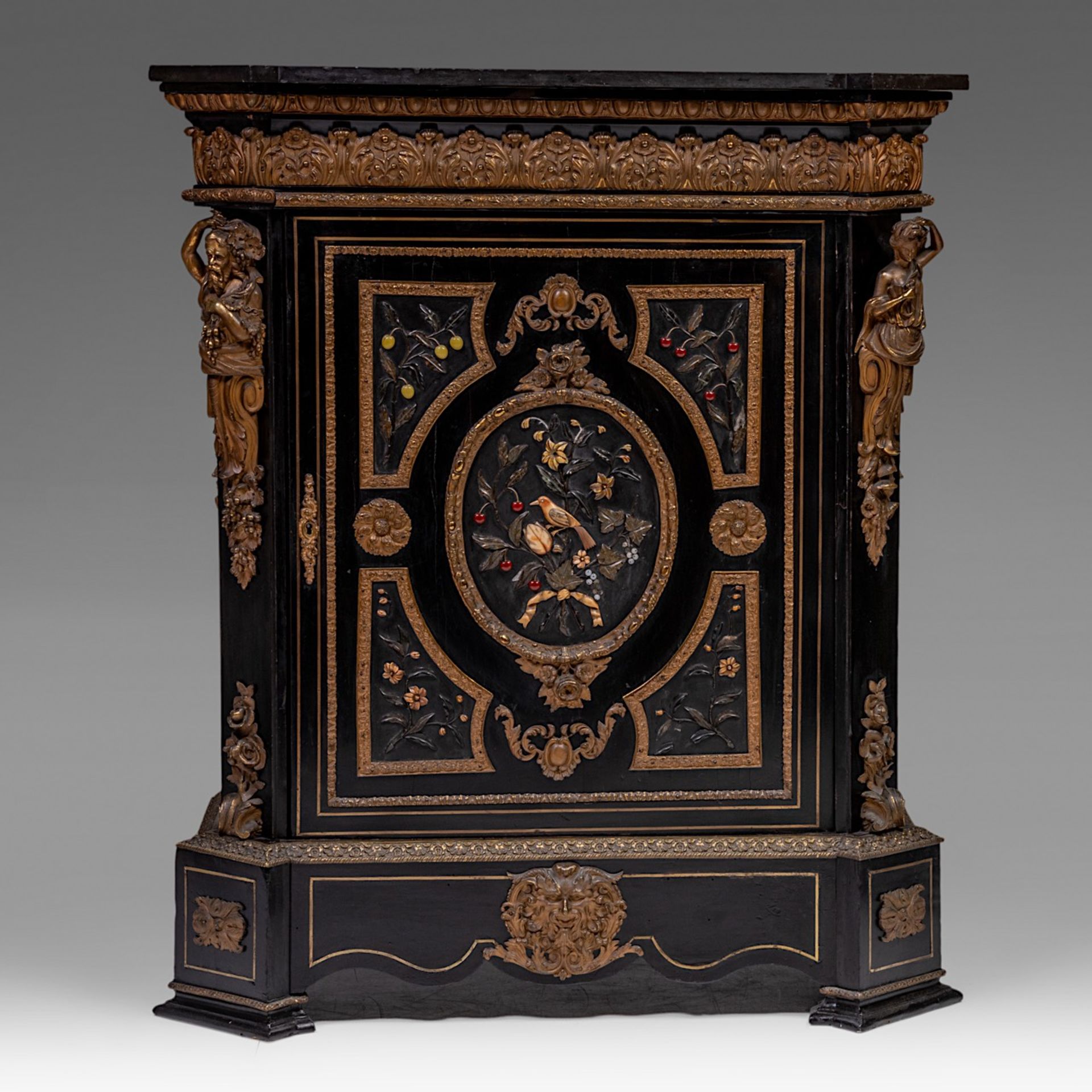 A Napoleon III 'meuble d'appui' with pietra dura inlay and marble top, H 120 cm - W 96 cm - D 47 cm - Bild 2 aus 10