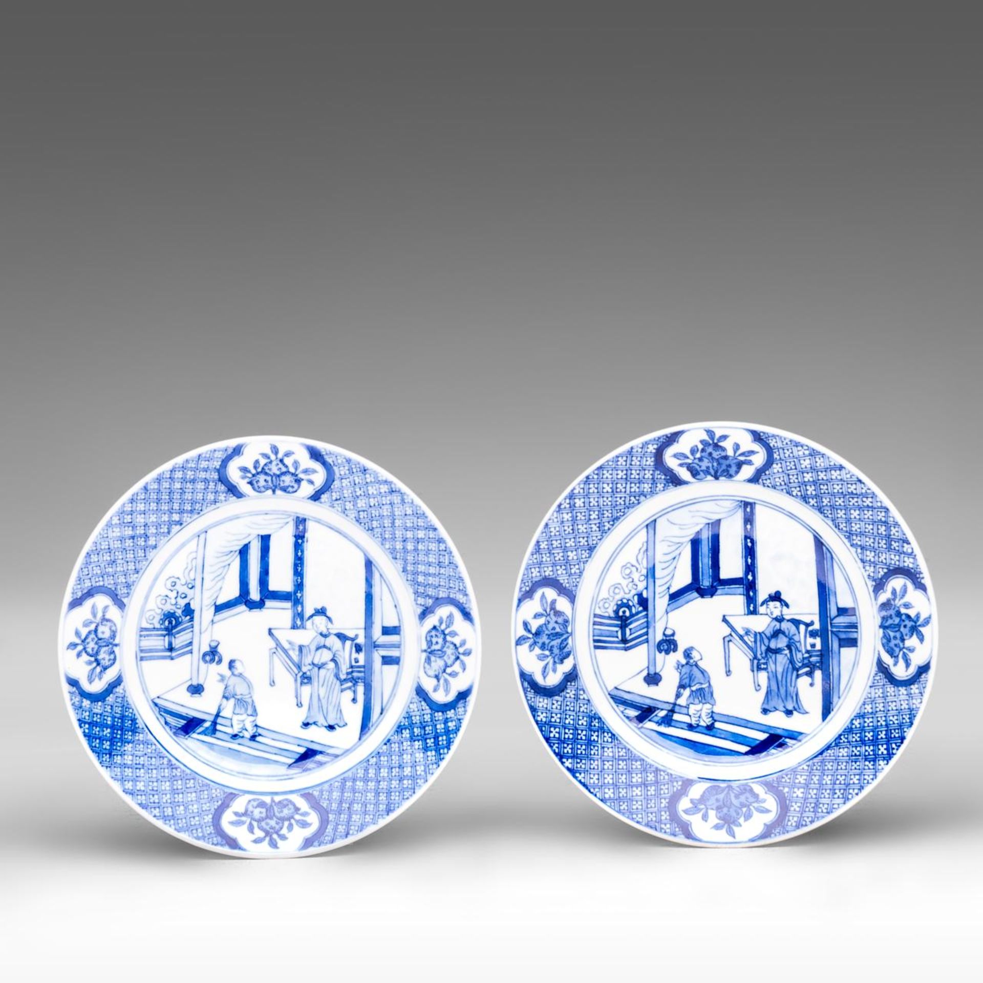 A series of four Chinese Kangxi style blue and white 'Scholars at a chamber' dishes, with a Chenghua - Image 4 of 5