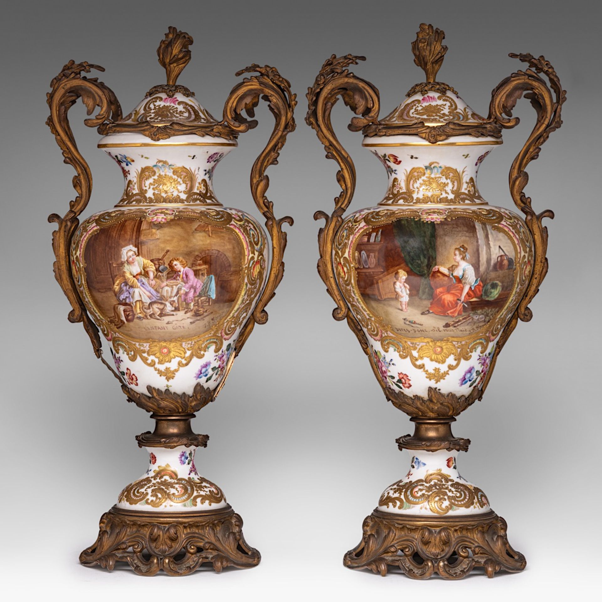 An imposing pair of Rococo Revival porcelain vases with hand-painted scenes after Jean-Baptiste Greu