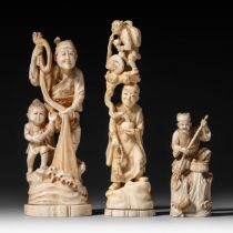 Three Japanese walrus ivory figures, Taisho, two of them signed, H 22 - 23,2 - 12,2 cm / 543 - 307 -