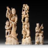 Three Japanese walrus ivory figures, Taisho, two of them signed, H 22 - 23,2 - 12,2 cm / 543 - 307 -