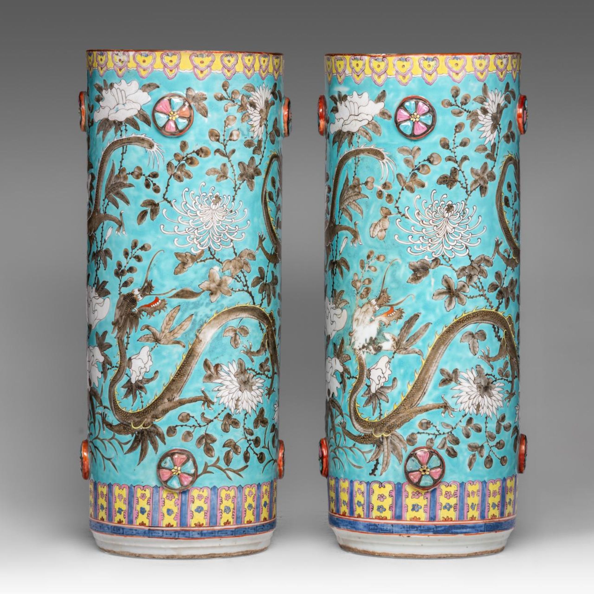 A pair of Chinese Dayazai style turquoise ground 'Dragons amongst Blossoms' umbrella stands, late 19 - Image 4 of 6