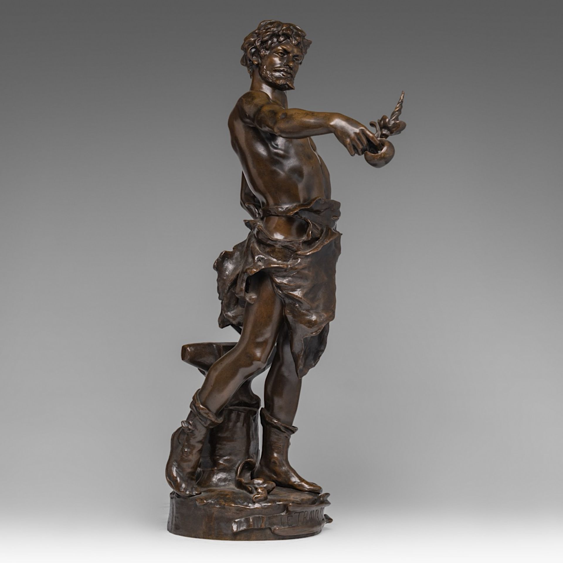 Claudius Mariton (1844-1919), 'Le Travail', patinated bronze, H 65 cm - Image 5 of 6