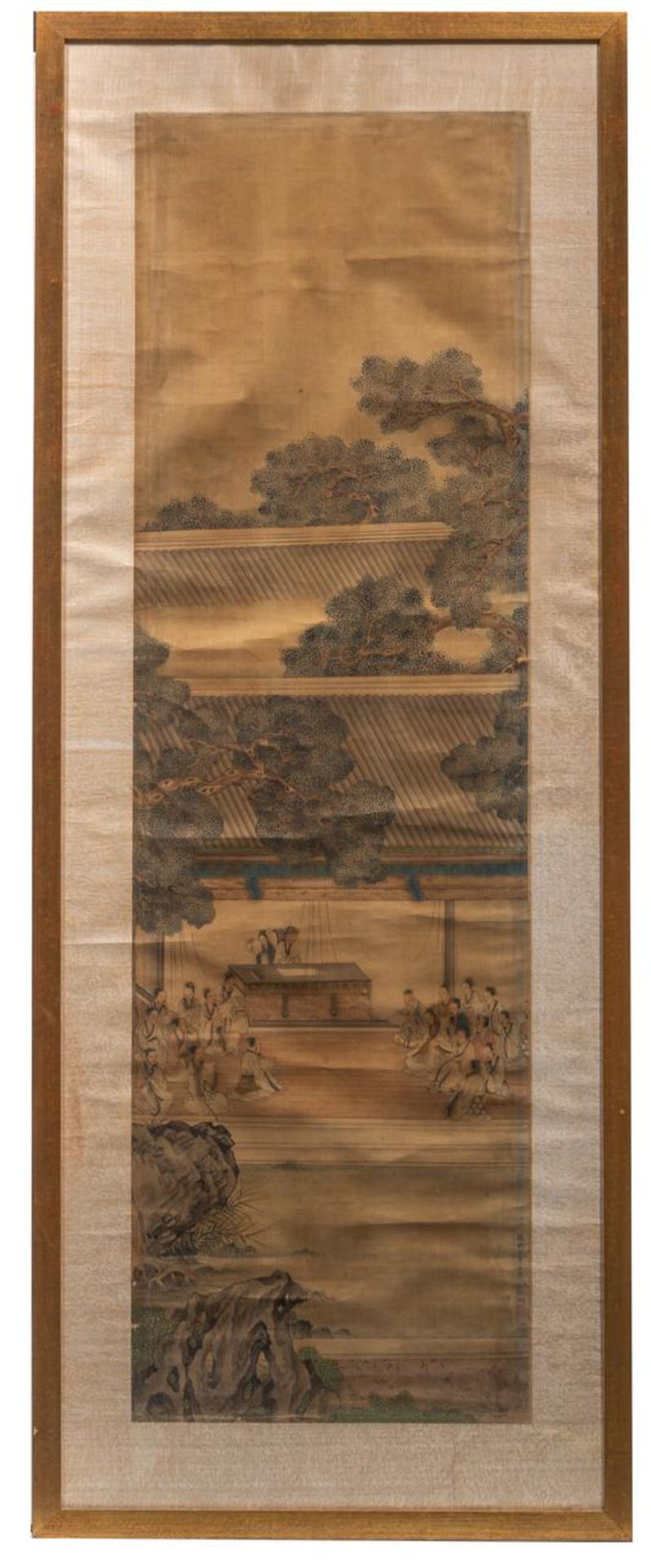 Two Chinese 'Scholars' paintings, colour on silk, framed, Qing dynasty, 60,5 x 154,5 cm (incl. frame - Image 8 of 13