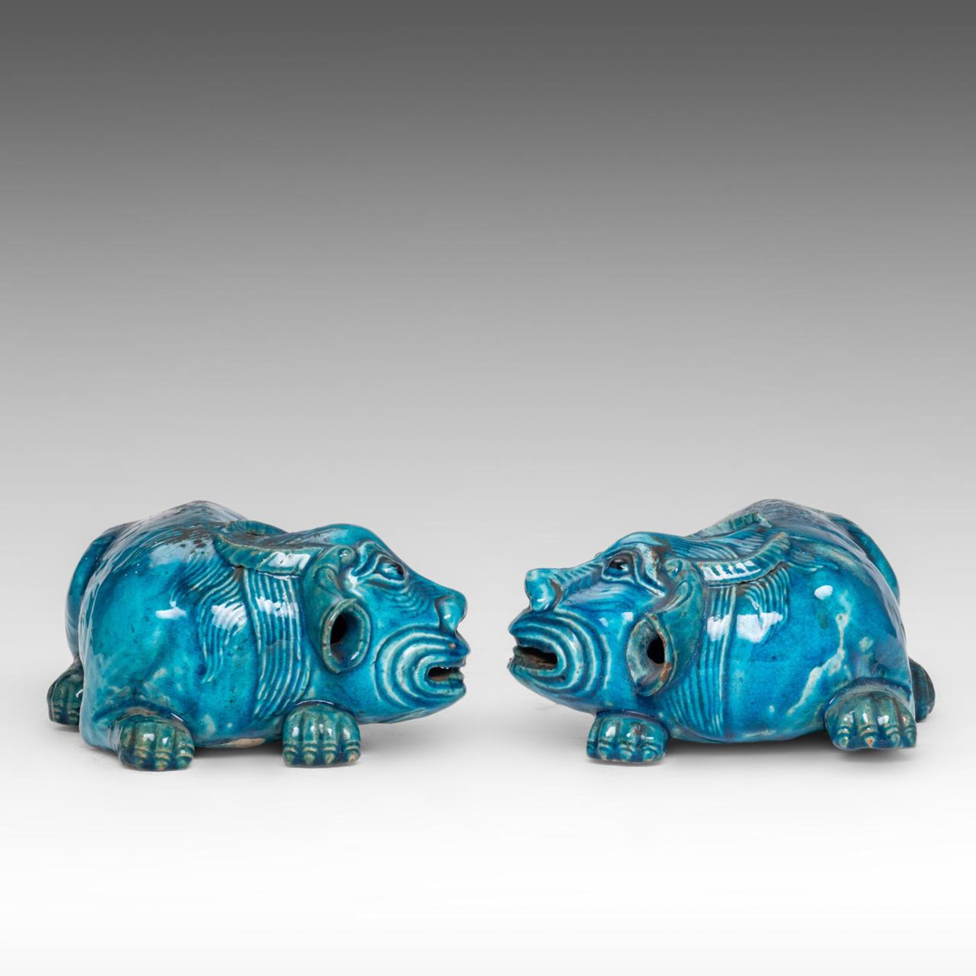 A pair of Chinese turquoise glazed ceramic figures of a recumbent water buffalo, mid-late Qing, L 20 - Image 7 of 8