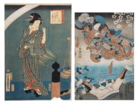 Two woodblock prints by Toyokuni III (Kunisada), ca. 1844-1865, framed 26x37,5 cm / 35x 47 cm