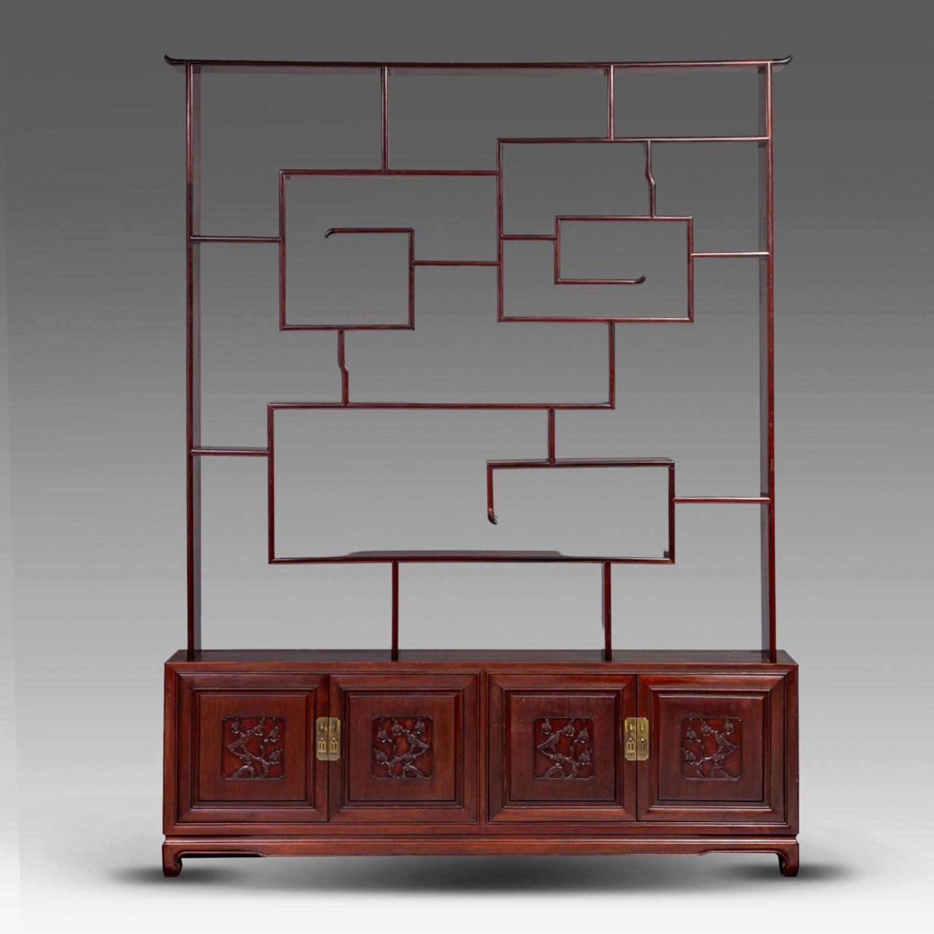 A Chinese hardwood display cabinet, 20thC, H 196 - W 151 - D 20 cm - Image 3 of 4