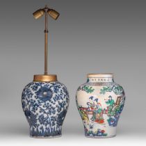 A Chinese blue and white 'Scrolling Lotus' jar, fixed with lamp mounts, early Qing, total H 67 cm -