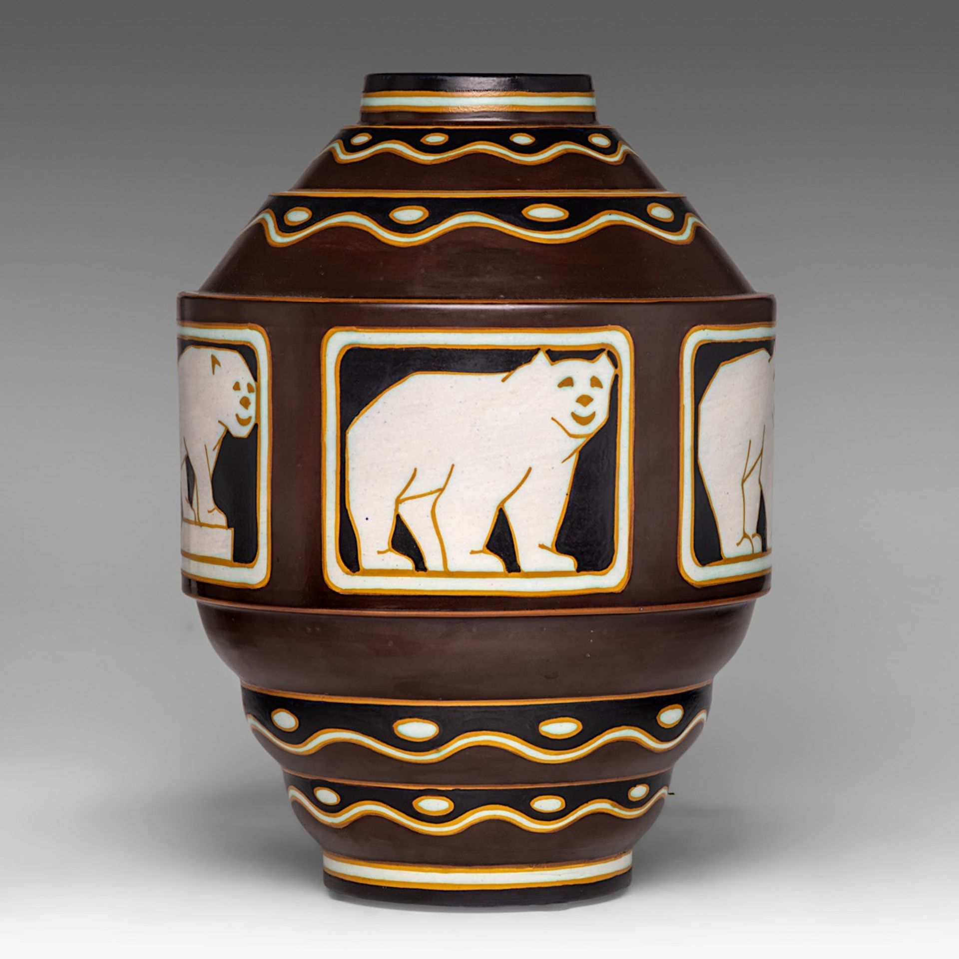 An Art Deco ceramic polar bear vase by the Charles Catteau workshop, H 37 cm