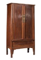 A Chinese Ming style elmwood round-corner cabinet, yuanjiaogui, H 216 - 56 x 110 cm