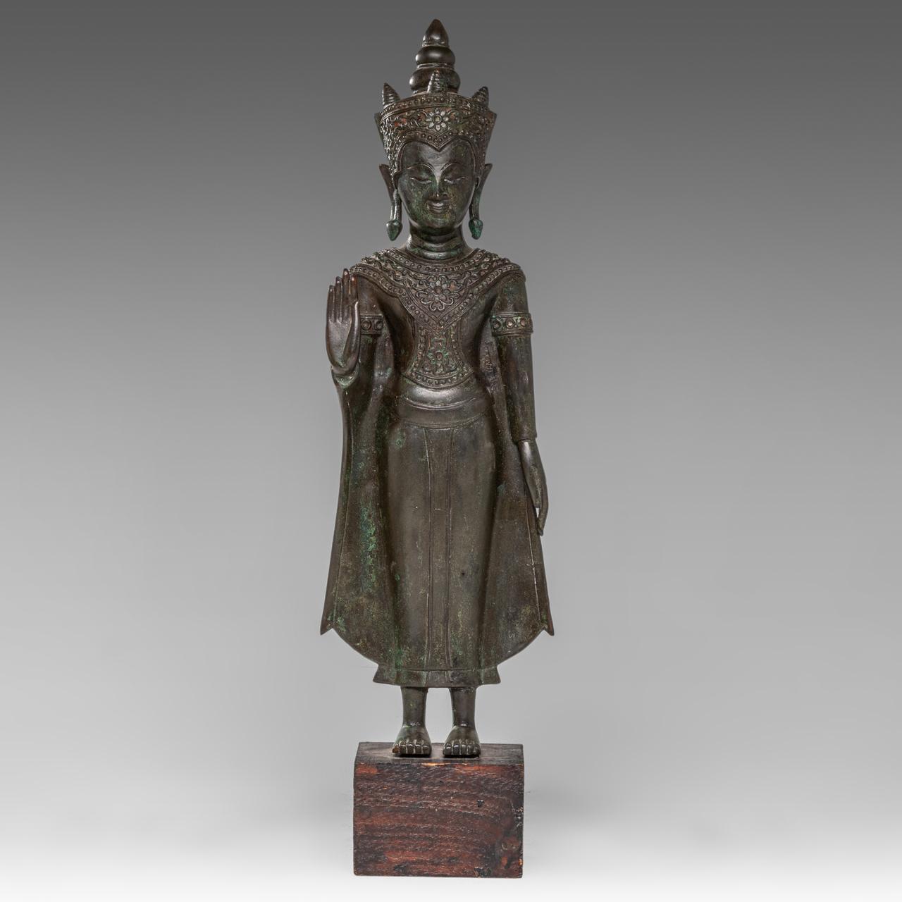A Thai bronze figure of standing crowned Buddha, Ayutthaya style, 19thC, H 39,8 cm
