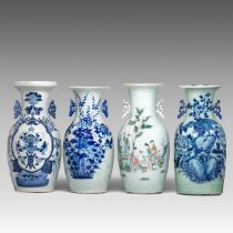 A collection of four Chinese famille rose, blue and white on celadon vases, Republic period, H 42 -