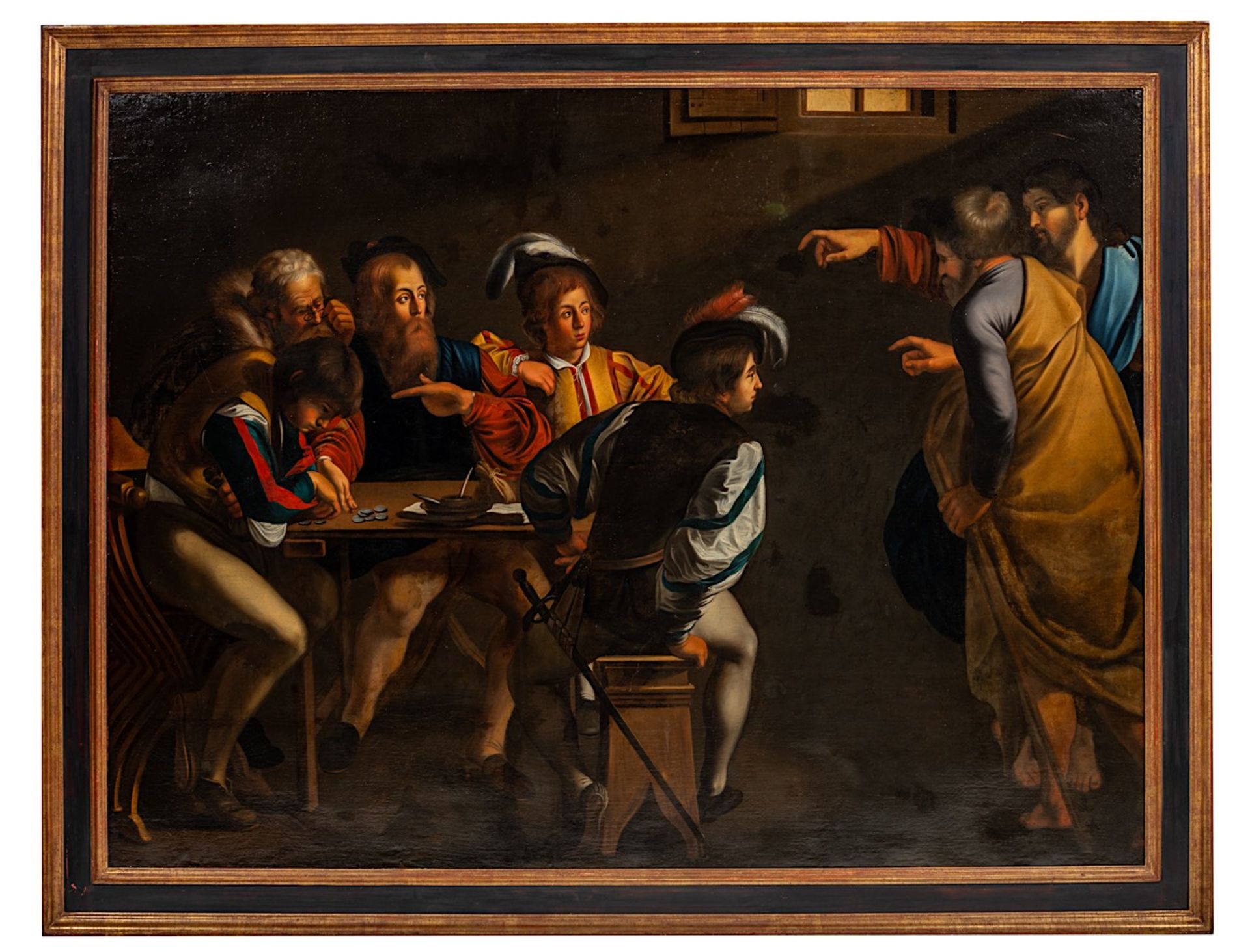After Caravaggio's (1571-1610) 'The Calling of St Matthew', oil on canvas 123 x 164 cm. (48.4 x 64.5 - Image 2 of 7