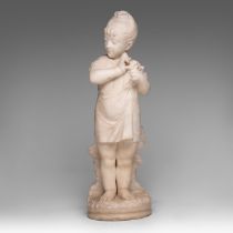 A Carrara marble sculpture of a girl picking flowers, signed 'Regnier, Paris', H 60 cm