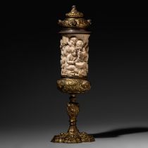 An ivory and gilded brass Renaissance Revival cup with cover, 19thC, French, H 38 cm (+)