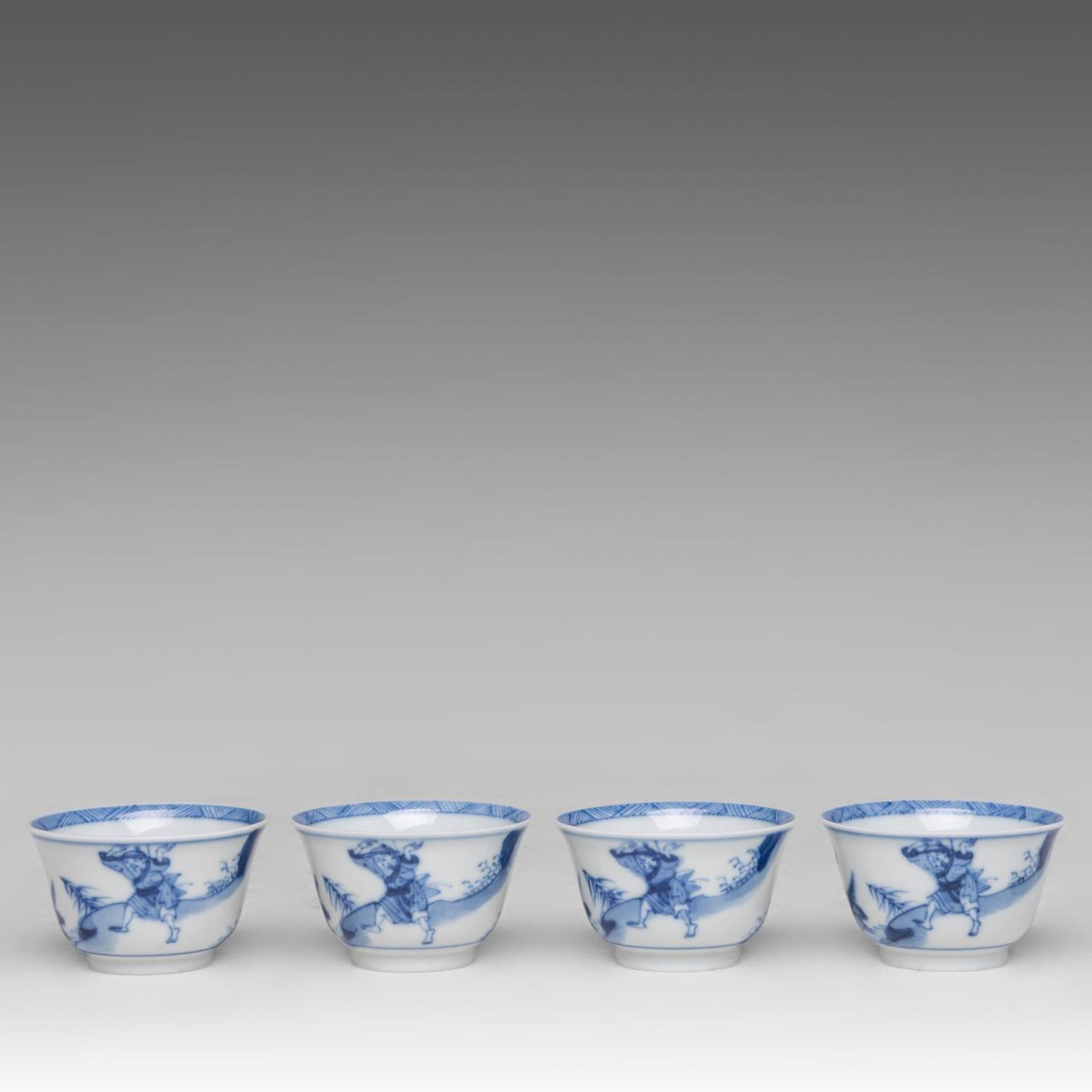 Four Chinese blue and white 'Fisherman' tea cups, H 3,8 - dia 6 cm