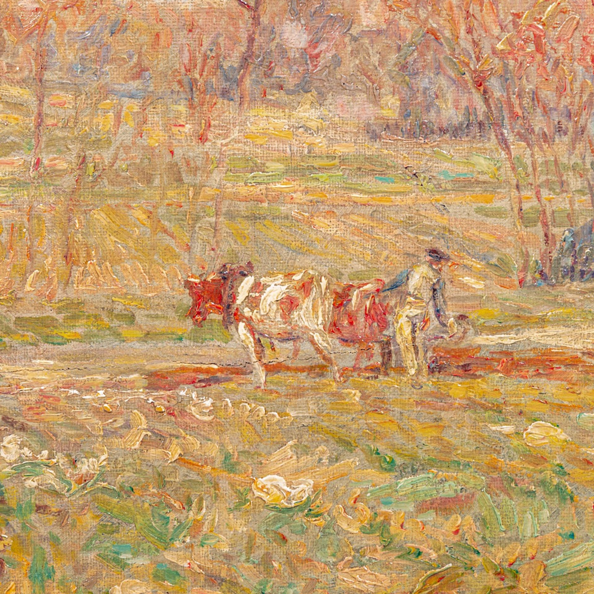 Modest Huys (1874/75-1932), farmer with ox ploughing the soil, oil on canvas 31 x 44.5 cm. (12.2 x 1 - Image 3 of 5