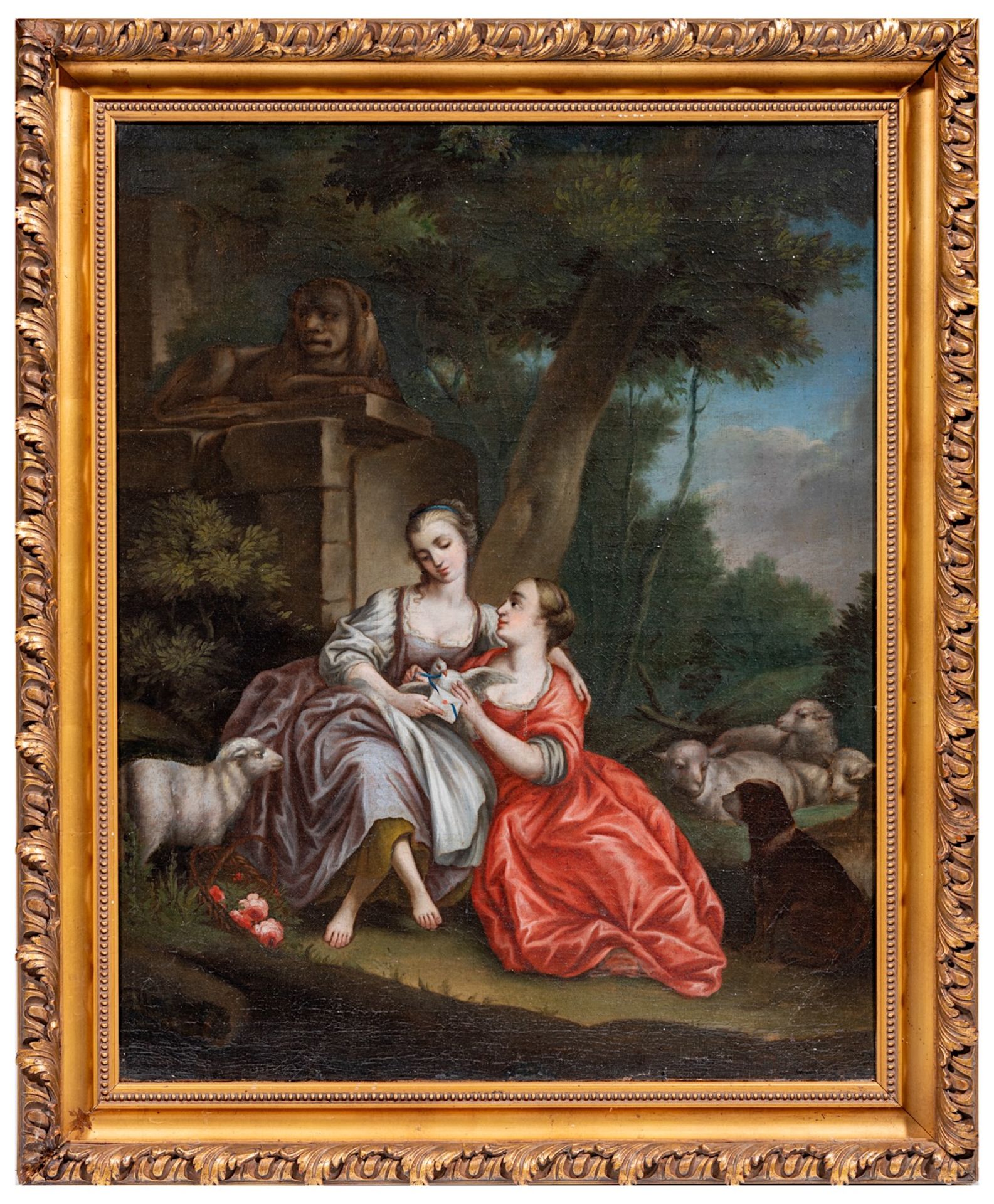 Two gallant ladies reading a love letter in a garden setting with sheep, 18th/19thC, French School, - Image 2 of 5