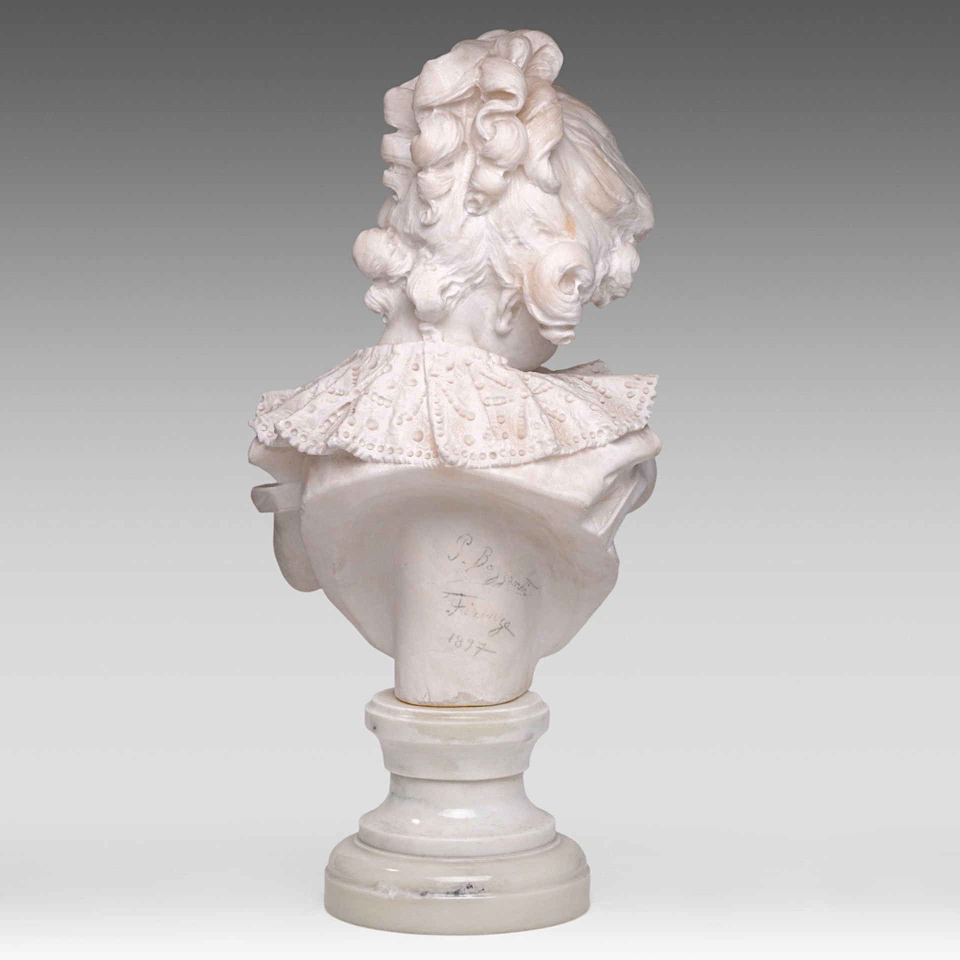 Studio of Pietro Bazzanti (1825-1895), the Carrara marble bust of a girl with a lacework collar, H 6 - Image 4 of 7